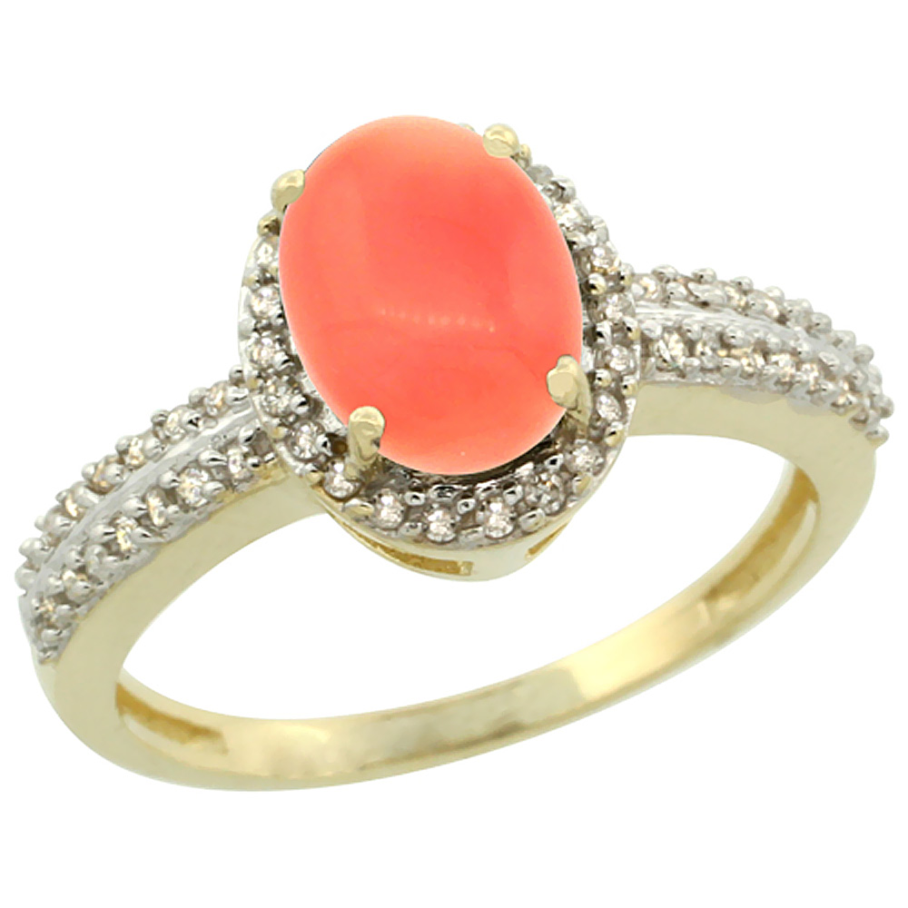 10k Yellow Gold Natural Coral Ring Oval 8x6mm Diamond Halo, sizes 5-10