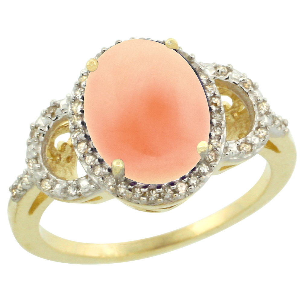 10K Yellow Gold Diamond Natural Coral Engagement Ring Oval 10x8mm, sizes 5-10