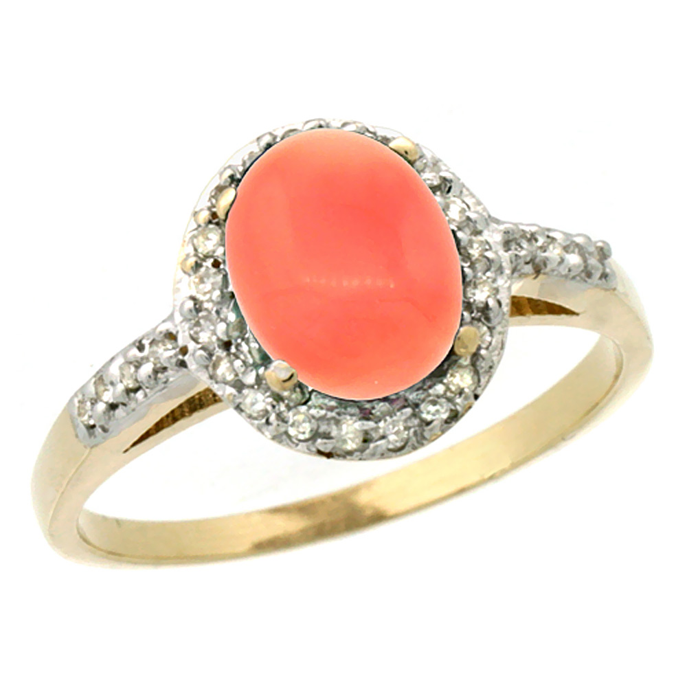 10K Yellow Gold Diamond Natural Coral Ring Oval 8x6mm, sizes 5-10