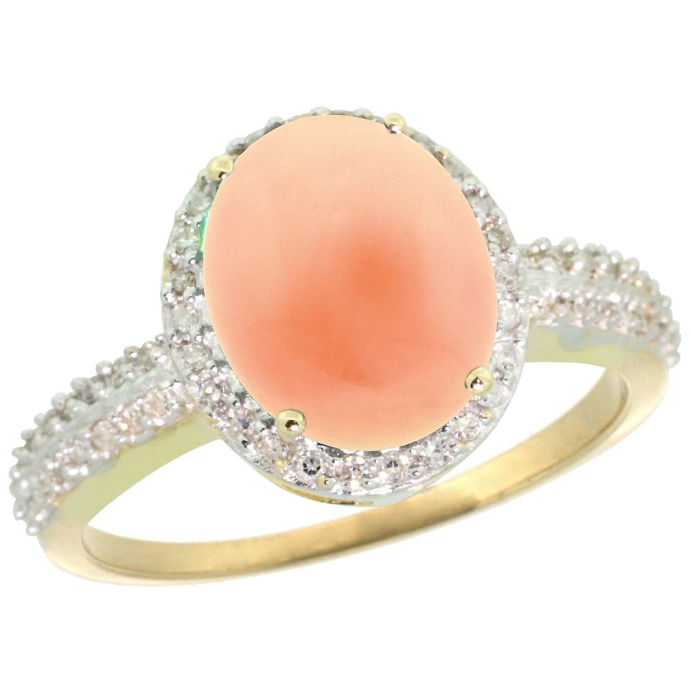 10K Yellow Gold Diamond Natural Coral Engagement Ring Oval 10x8mm, sizes 5-10