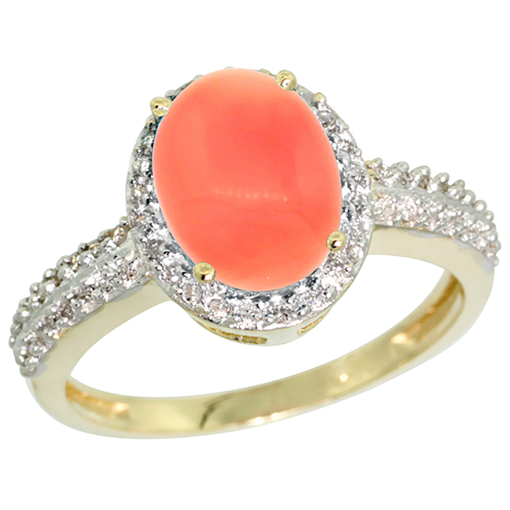 10K Yellow Gold Diamond Natural Coral Ring Oval 9x7mm, sizes 5-10