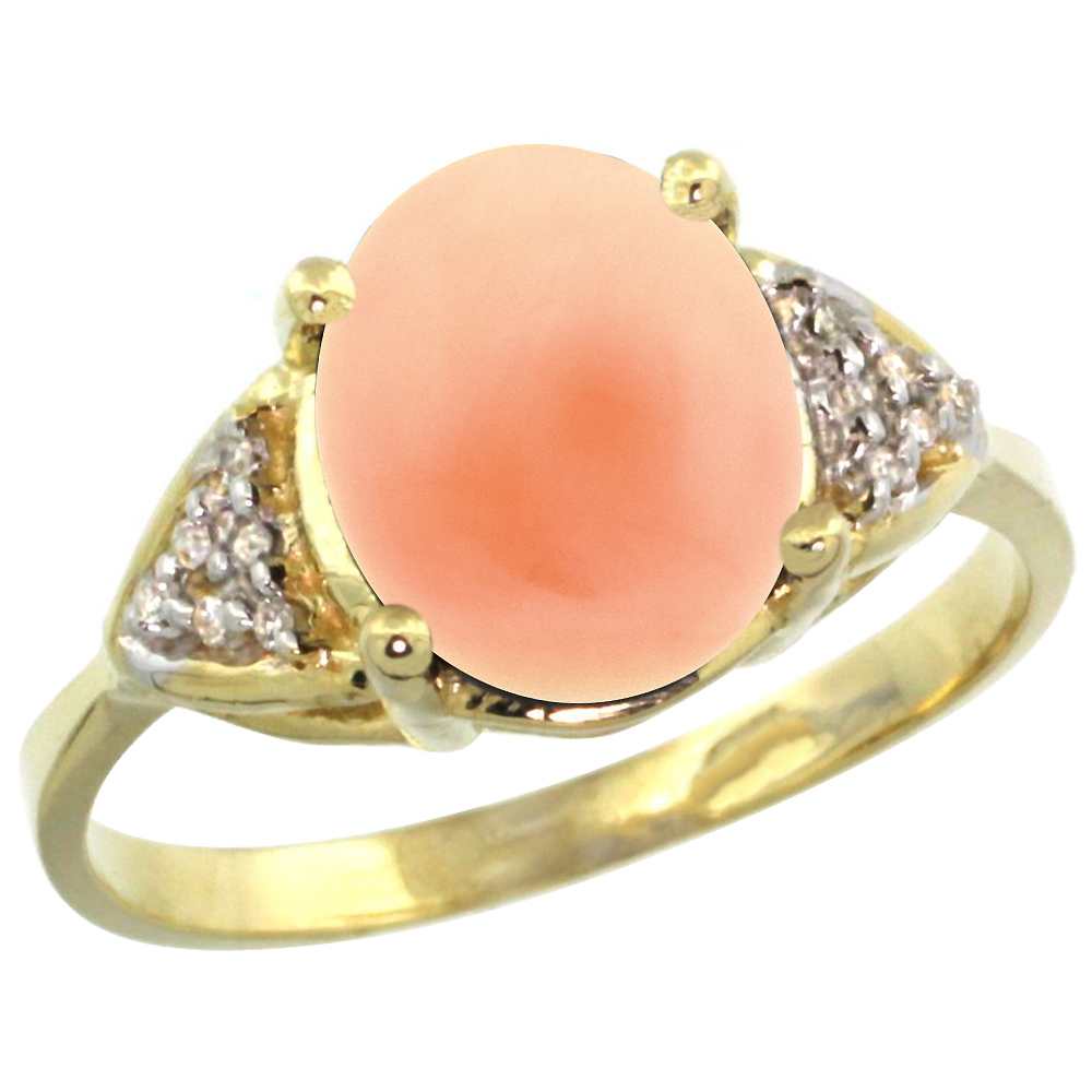 10K Yellow Gold Diamond Natural Coral Engagement Ring Oval 10x8mm, sizes 5-10