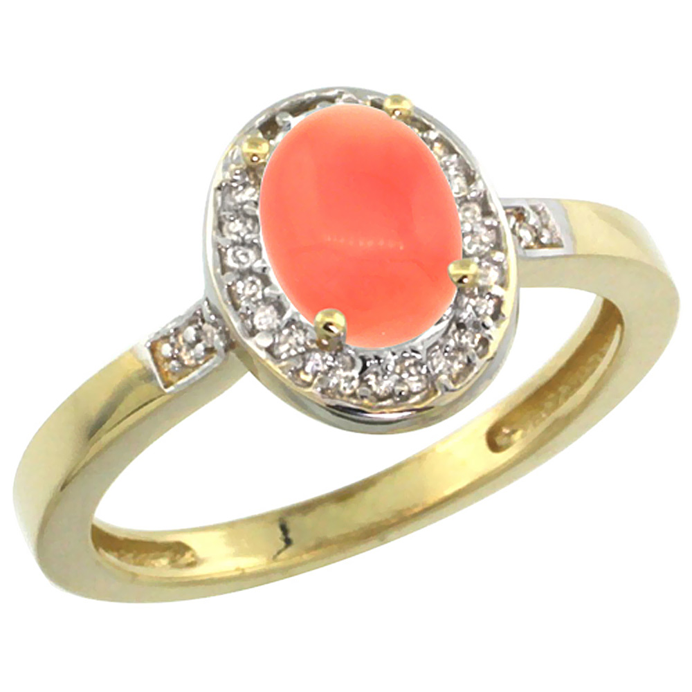 14K Yellow Gold Diamond Natural Coral Engagement Ring Oval 7x5mm, sizes 5-10