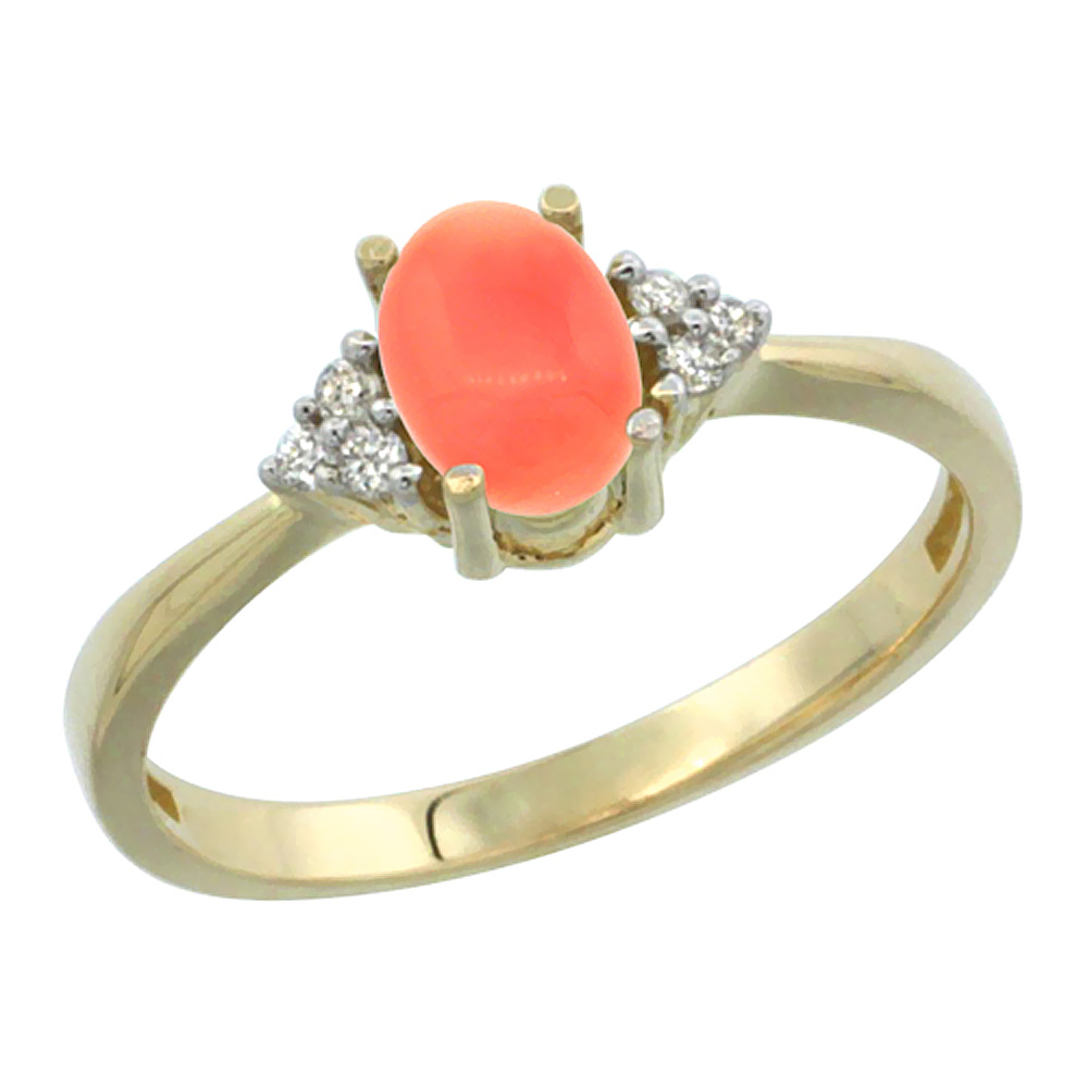 10K Yellow Gold Diamond Natural Coral Engagement Ring Oval 7x5mm, sizes 5-10