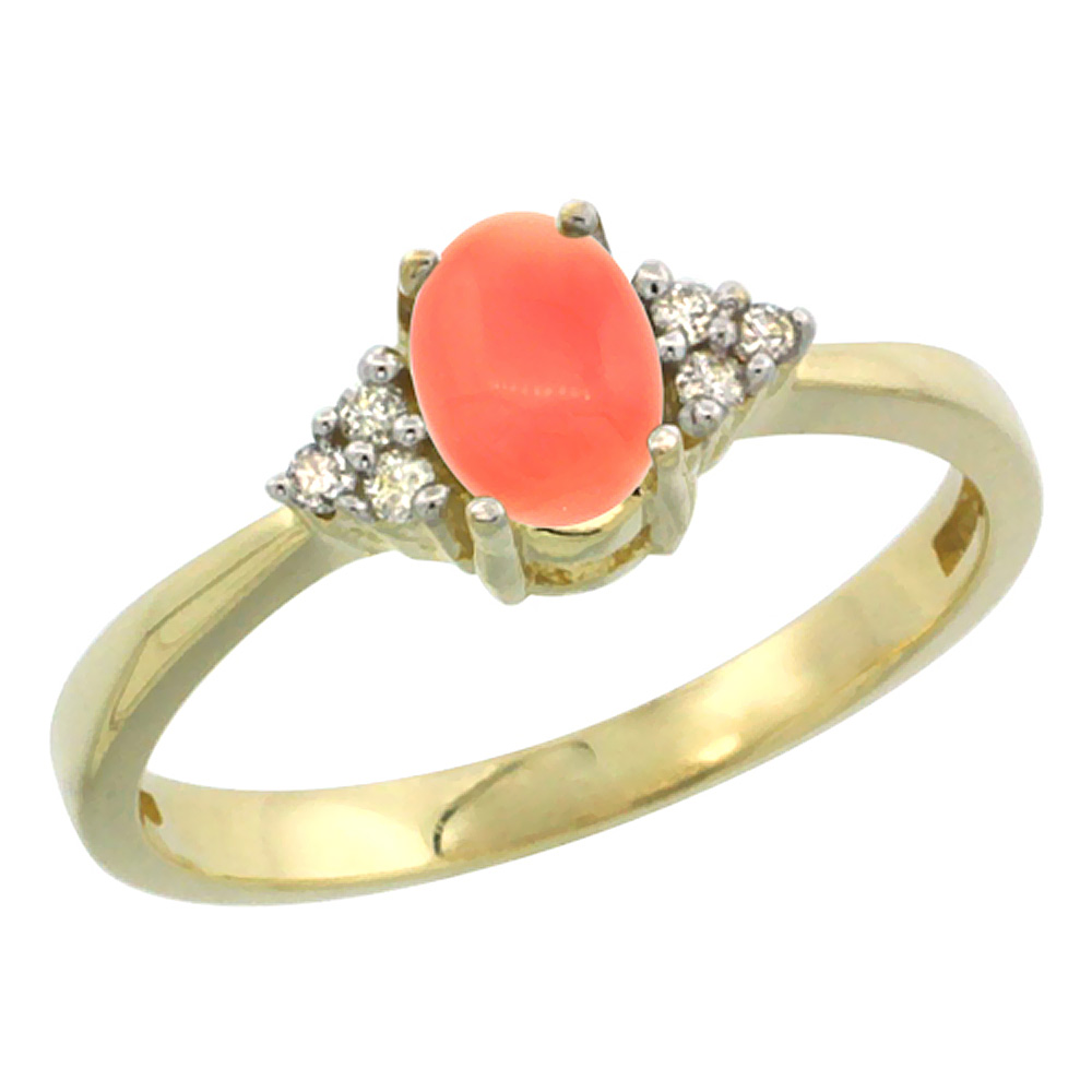 10K Yellow Gold Natural Coral Ring Oval 6x4mm Diamond Accent, sizes 5-10