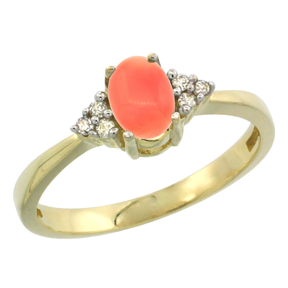 14K Yellow Gold Natural Coral Ring Oval 6x4mm Diamond Accent, sizes 5-10