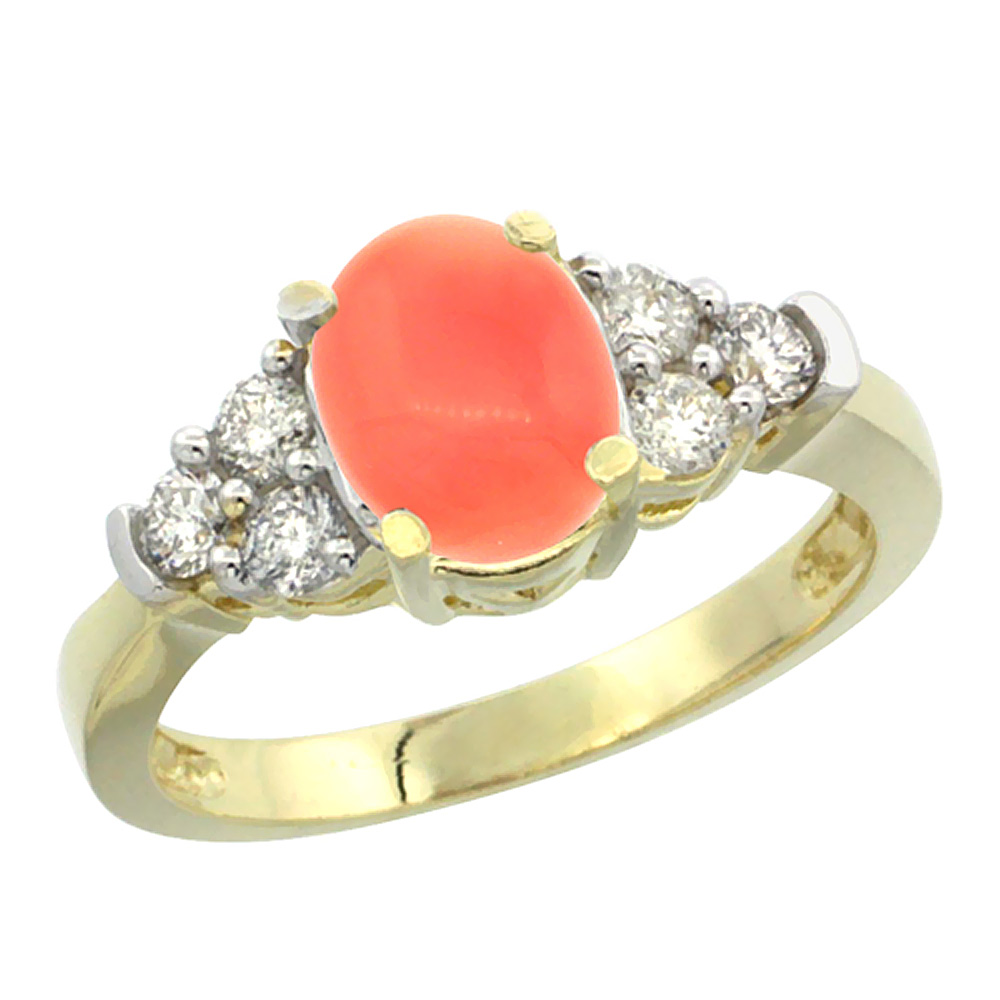 14K Yellow Gold Natural Coral Ring Oval 9x7mm Diamond Accent, sizes 5-10