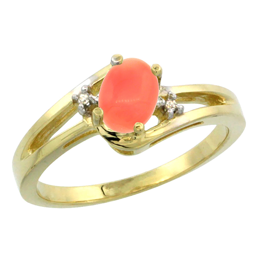10K Yellow Gold Diamond Natural Coral Ring Oval 6x4 mm, sizes 5-10
