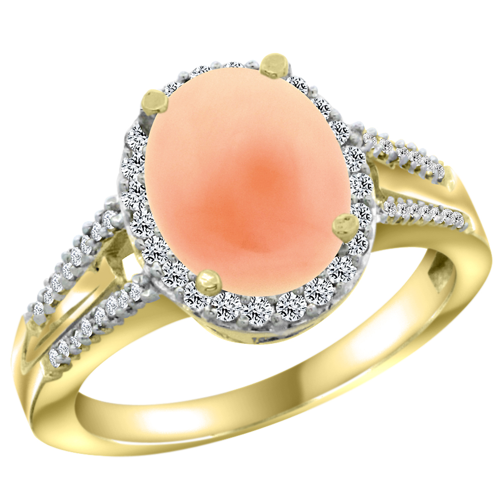 10K Yellow Gold Diamond Natural Coral Engagement Ring Oval 10x8mm, sizes 5-10