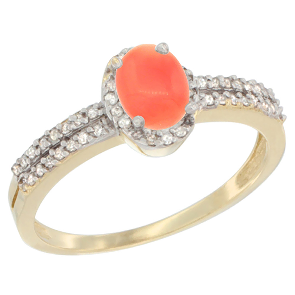 10K Yellow Gold Natural Coral Ring Oval 6x4mm Diamond Accent, sizes 5-10