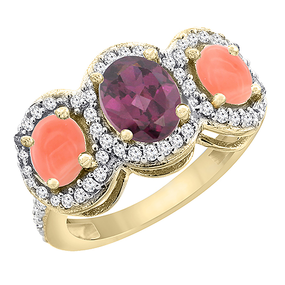 10K Yellow Gold Natural Rhodolite &amp; Coral 3-Stone Ring Oval Diamond Accent, sizes 5 - 10