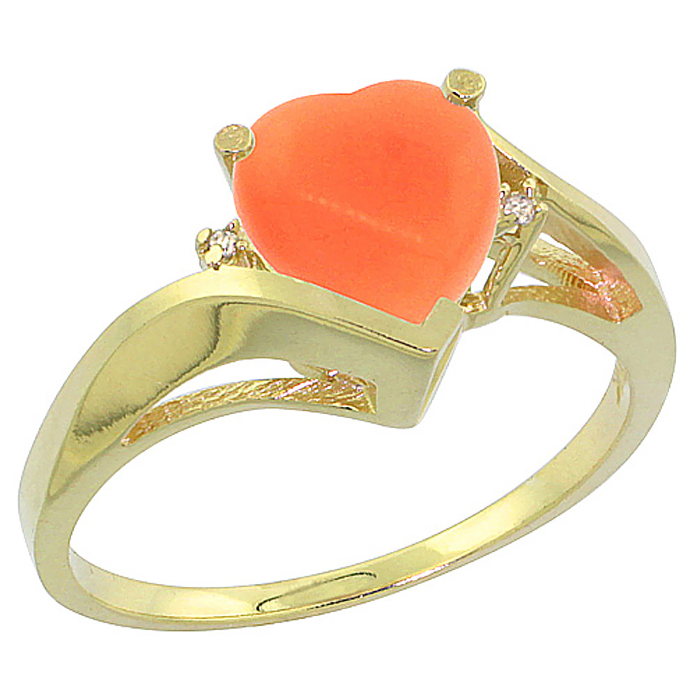 10K Yellow Gold Natural Coral Heart Ring 7mm Diamond Accent, sizes 5 - 10