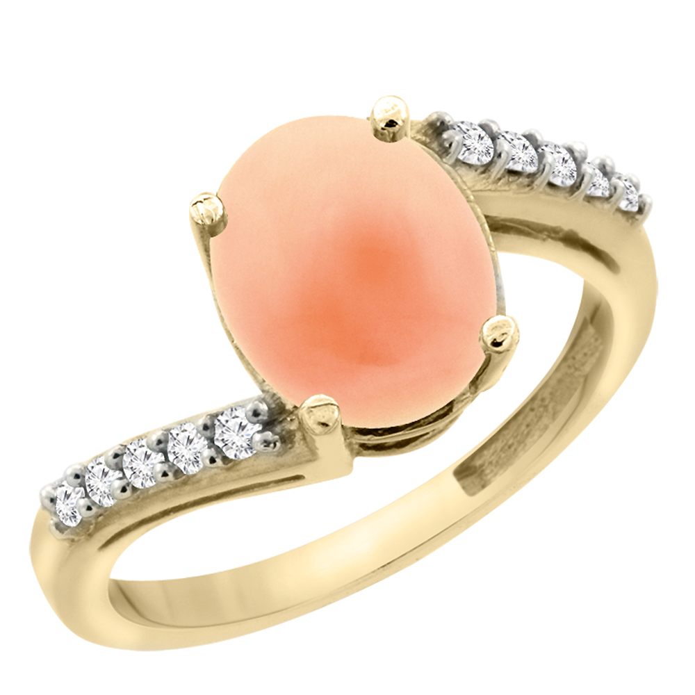 10K Yellow Gold Diamond Natural Coral Engagement Ring Oval 10x8mm, sizes 5-10