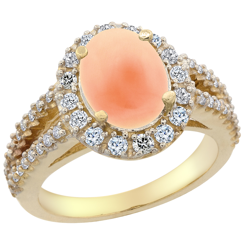 10K Yellow Gold Diamond Natural Coral Engagement Ring Oval 10x8mm, sizes 5-10