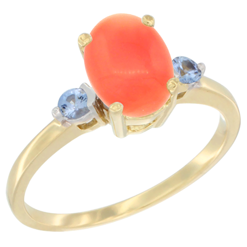 14K Yellow Gold Natural Coral Ring Oval 9x7 mm Light Blue Sapphire Accent, sizes 5 to 10