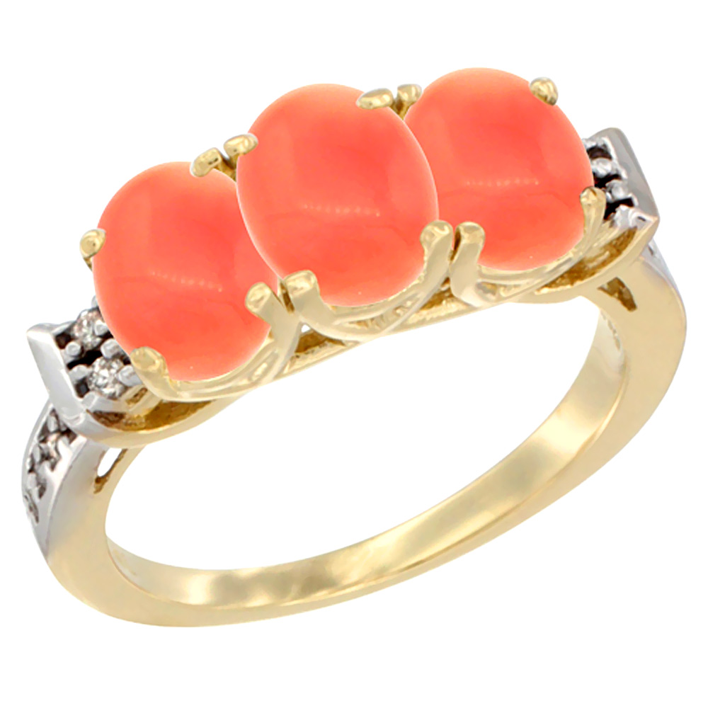 14K Yellow Gold Natural Coral Ring 3-Stone 7x5 mm Oval Diamond Accent, sizes 5 - 10