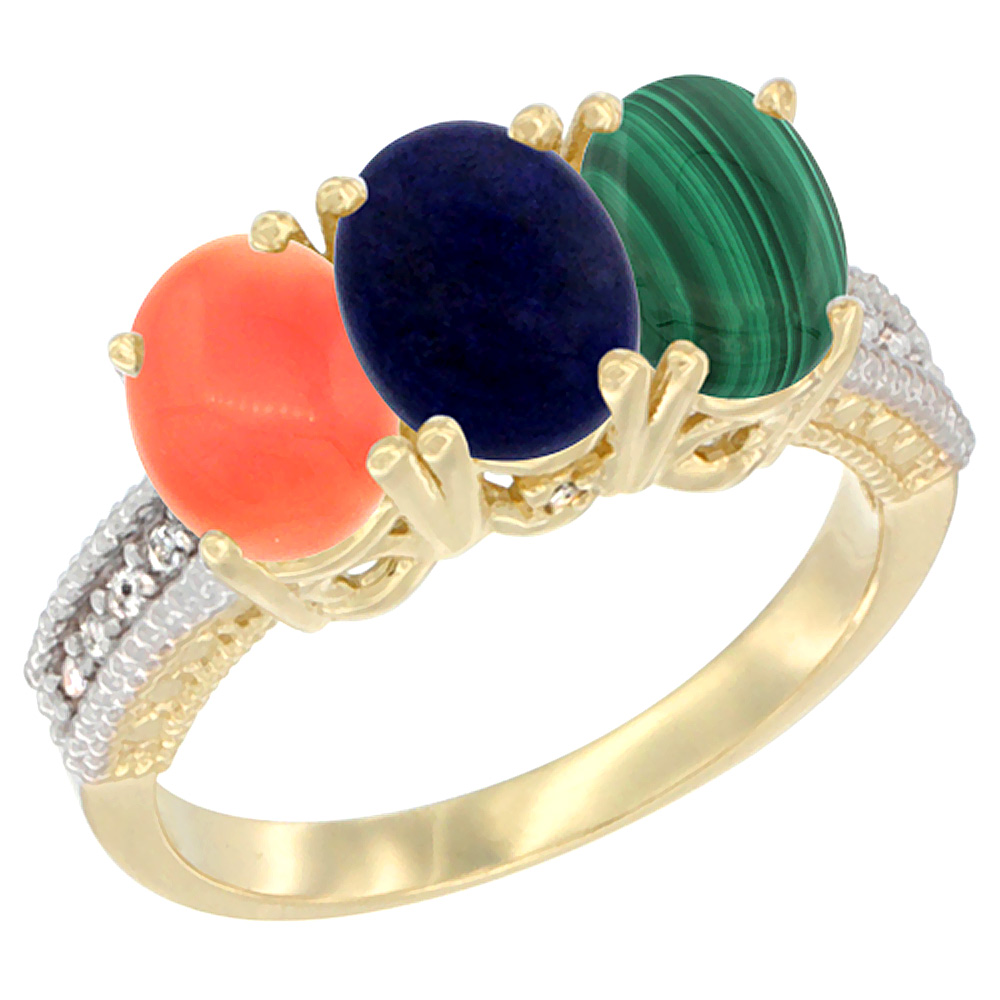 10K Yellow Gold Diamond Natural Coral, Lapis & Malachite Ring 3-Stone 7x5 mm Oval, sizes 5 - 10