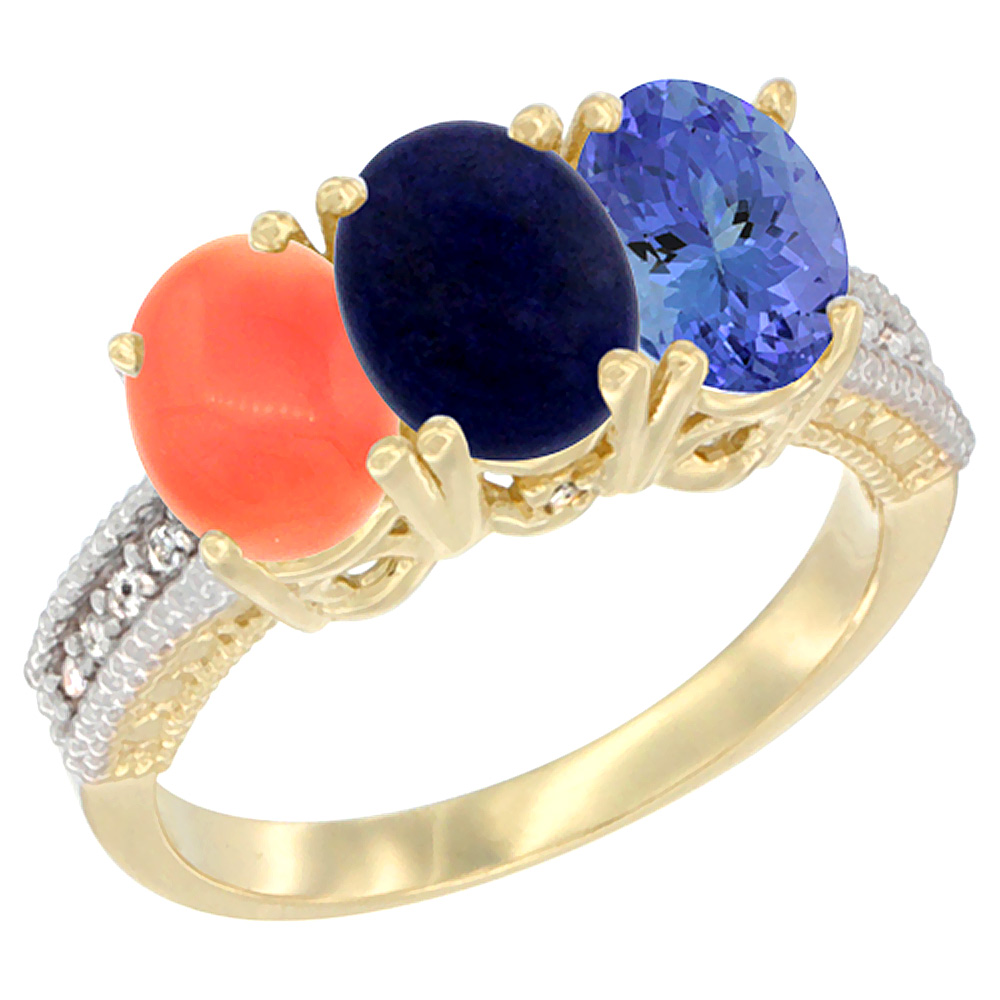 10K Yellow Gold Diamond Natural Coral, Lapis & Tanzanite Ring 3-Stone 7x5 mm Oval, sizes 5 - 10