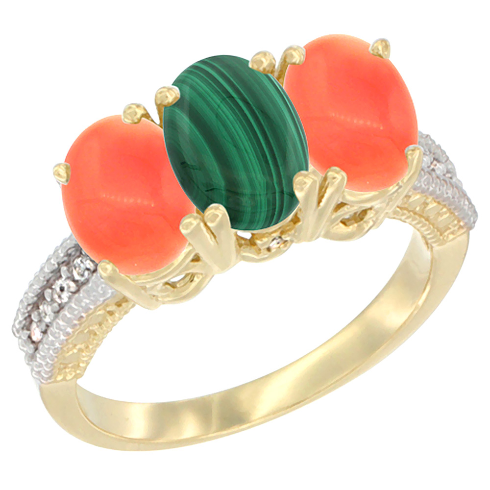 10K Yellow Gold Diamond Natural Malachite & Coral Ring 3-Stone 7x5 mm Oval, sizes 5 - 10