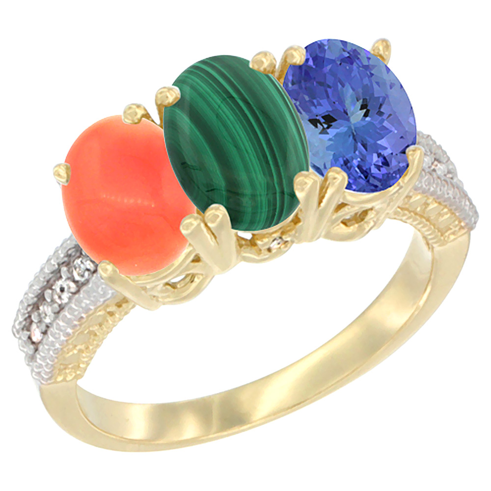 10K Yellow Gold Diamond Natural Coral, Malachite & Tanzanite Ring 3-Stone 7x5 mm Oval, sizes 5 - 10