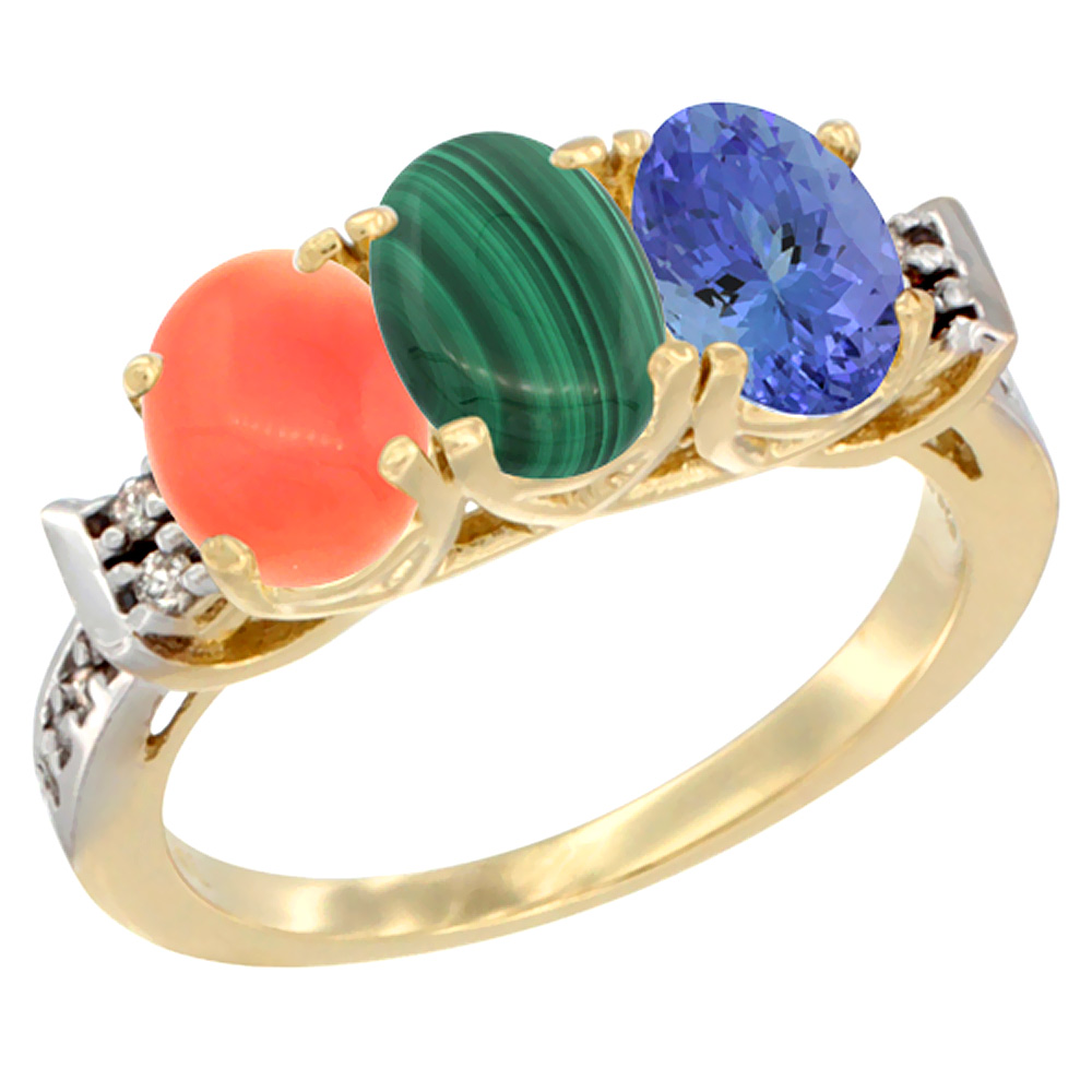 14K Yellow Gold Natural Coral, Malachite &amp; Tanzanite Ring 3-Stone 7x5 mm Oval Diamond Accent, sizes 5 - 10