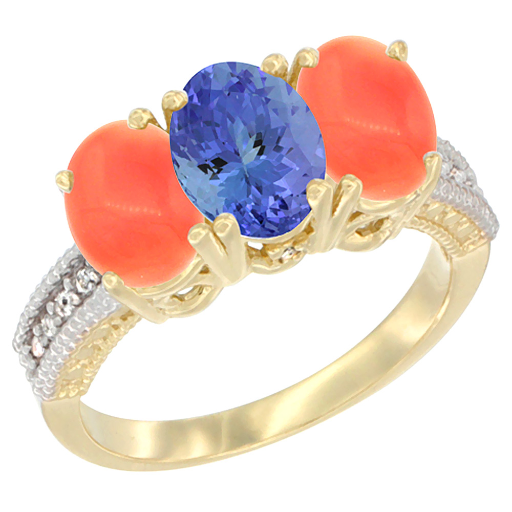 10K Yellow Gold Diamond Natural Tanzanite & Coral Ring 3-Stone 7x5 mm Oval, sizes 5 - 10