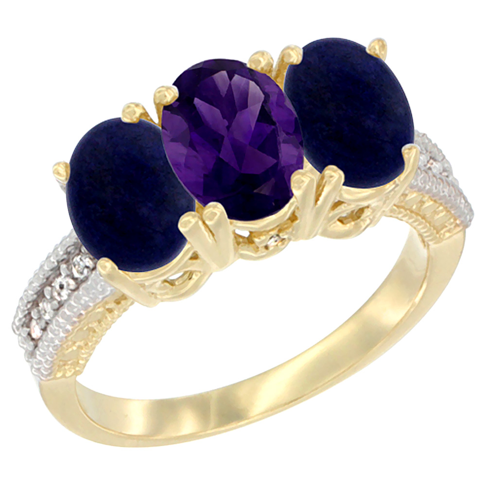 10K Yellow Gold Diamond Natural Amethyst &amp; Lapis Ring 3-Stone 7x5 mm Oval, sizes 5 - 10