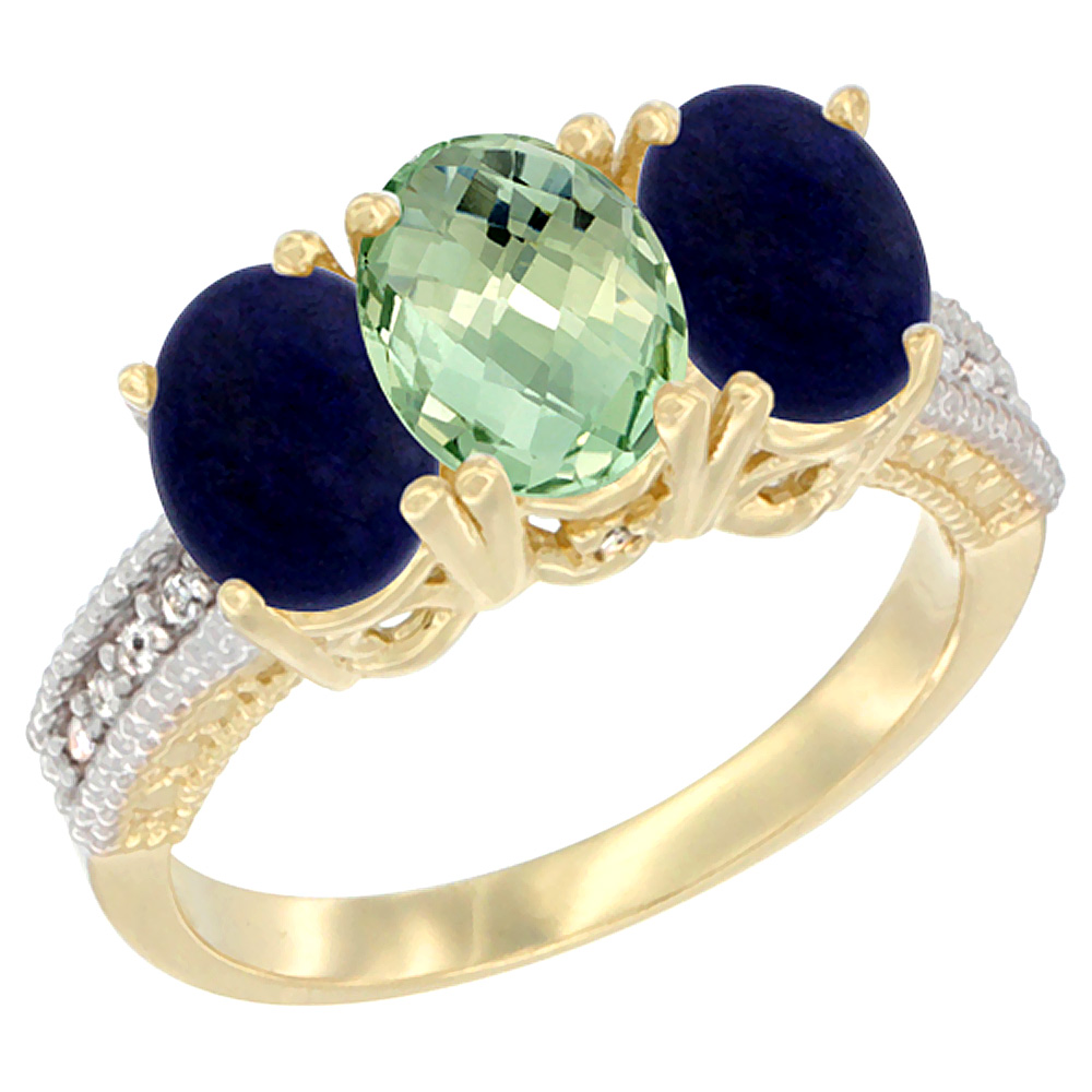 10K Yellow Gold Diamond Natural Green Amethyst &amp; Lapis Ring 3-Stone 7x5 mm Oval, sizes 5 - 10