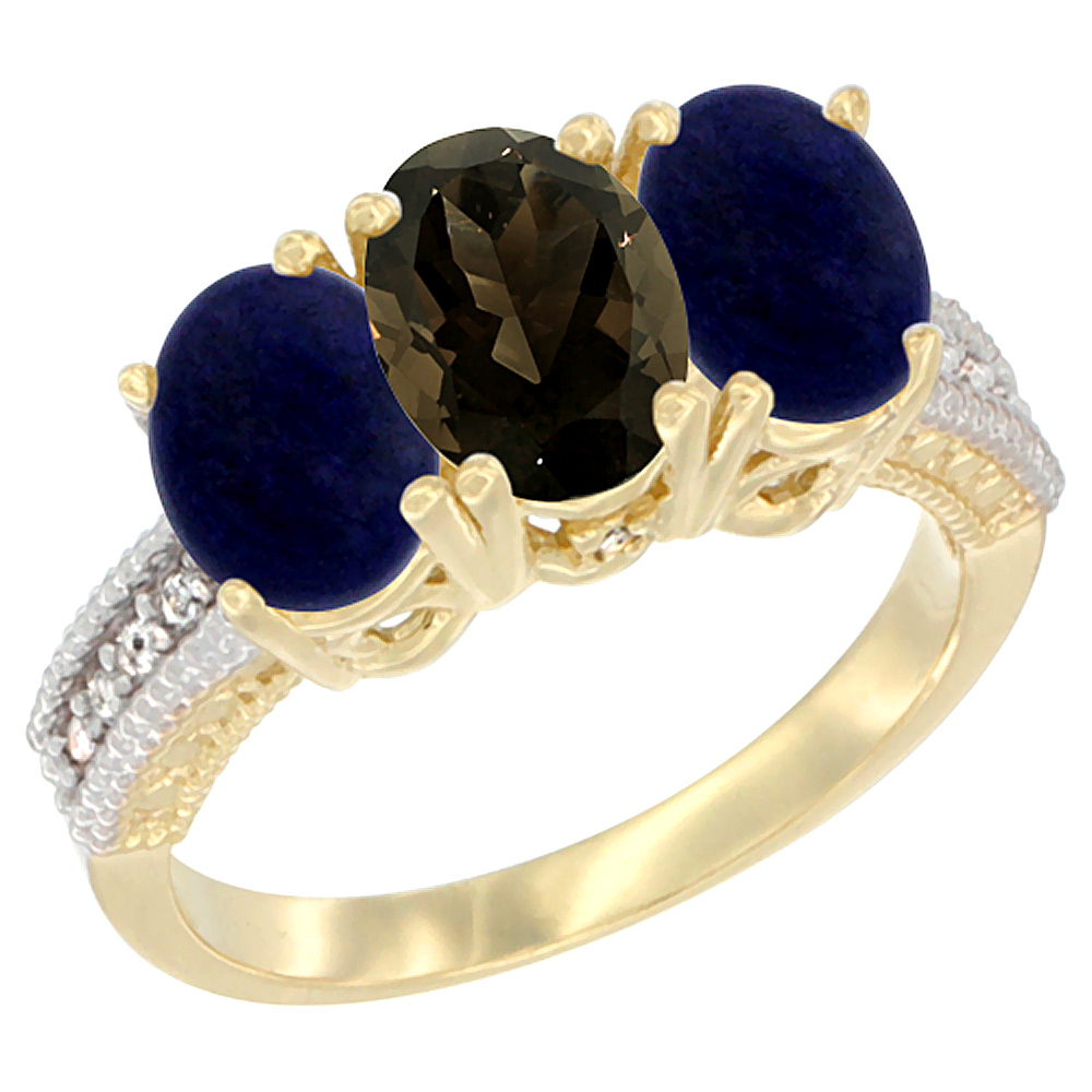 10K Yellow Gold Diamond Natural Smoky Topaz &amp; Lapis Ring 3-Stone 7x5 mm Oval, sizes 5 - 10