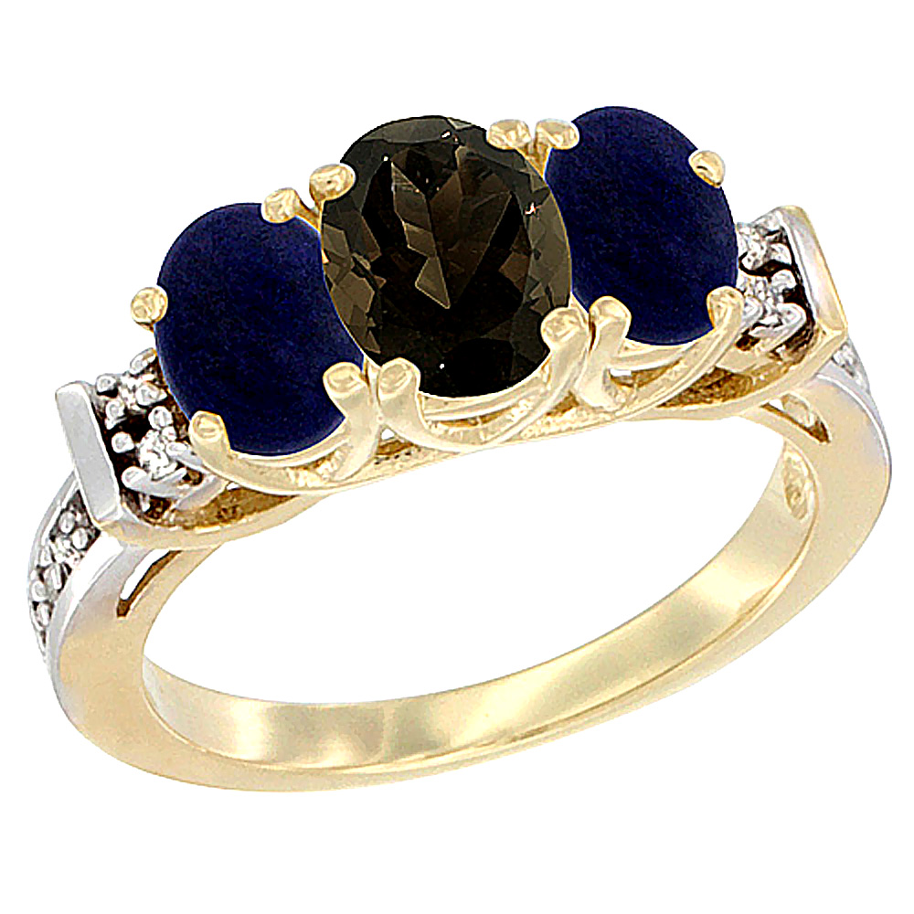 10K Yellow Gold Natural Smoky Topaz & Lapis Ring 3-Stone Oval Diamond Accent