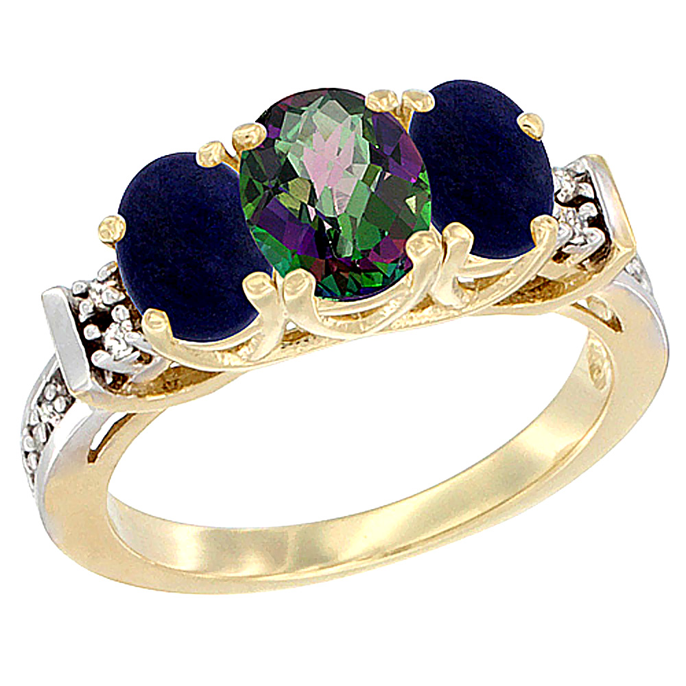 14K Yellow Gold Natural Mystic Topaz & Lapis Ring 3-Stone Oval Diamond Accent