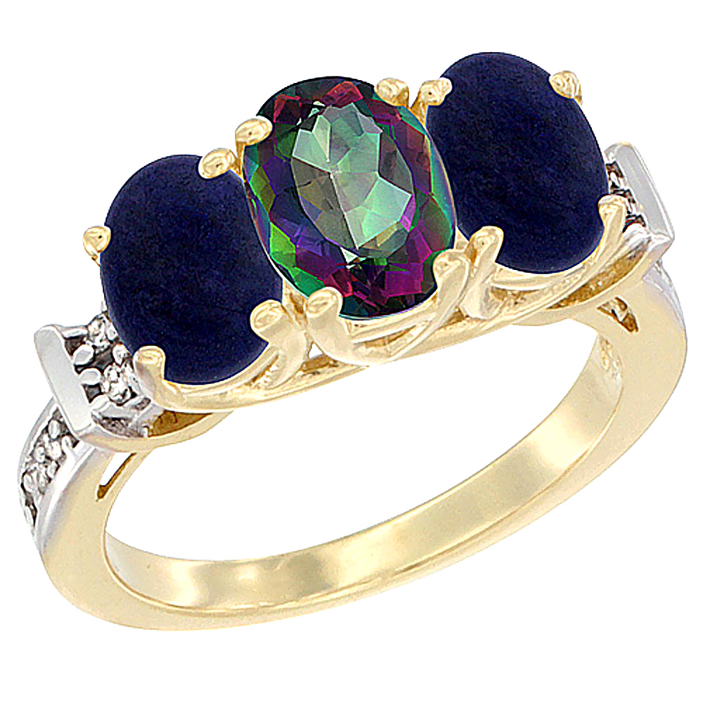 14K Yellow Gold Natural Mystic Topaz & Lapis Sides Ring 3-Stone Oval Diamond Accent, sizes 5 - 10
