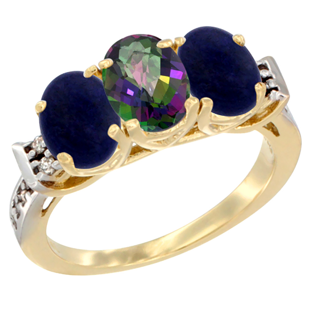 14K Yellow Gold Natural Mystic Topaz & Lapis Ring 3-Stone 7x5 mm Oval Diamond Accent, sizes 5 - 10