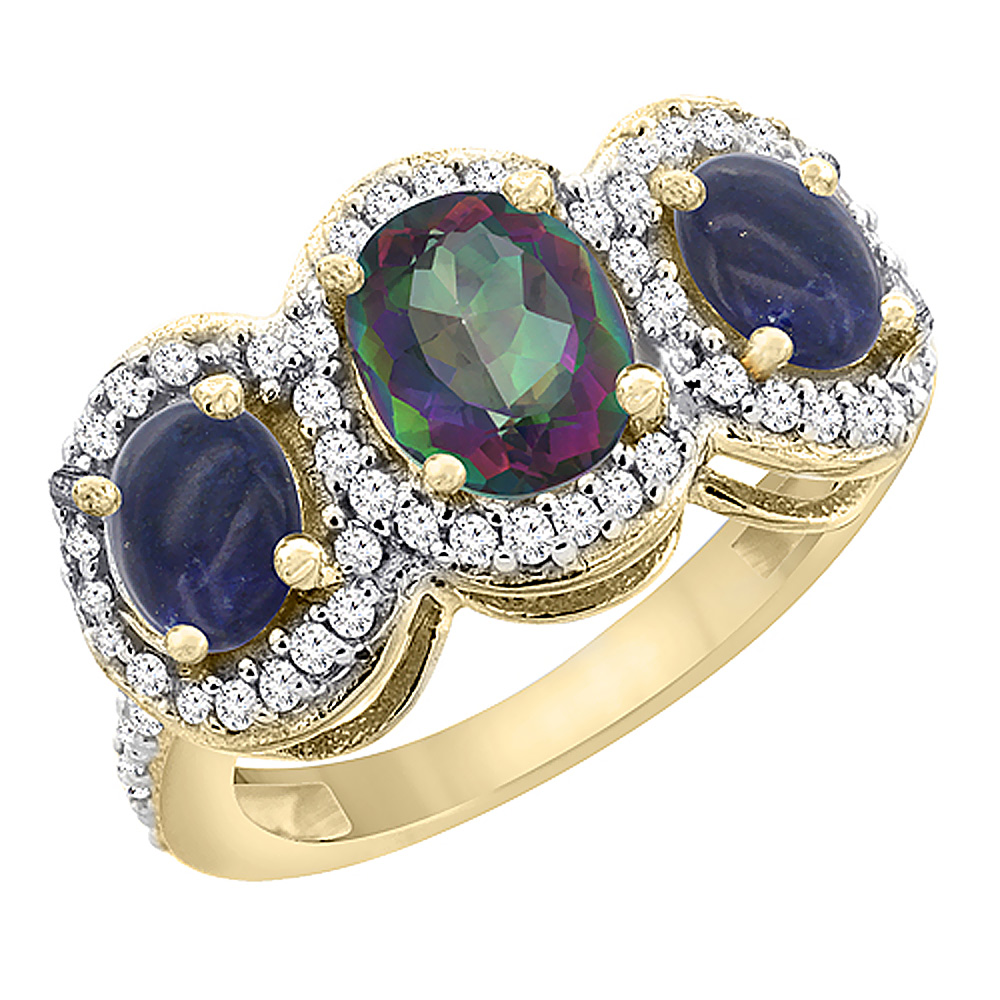14K Yellow Gold Natural Mystic Topaz & Lapis 3-Stone Ring Oval Diamond Accent, sizes 5 - 10