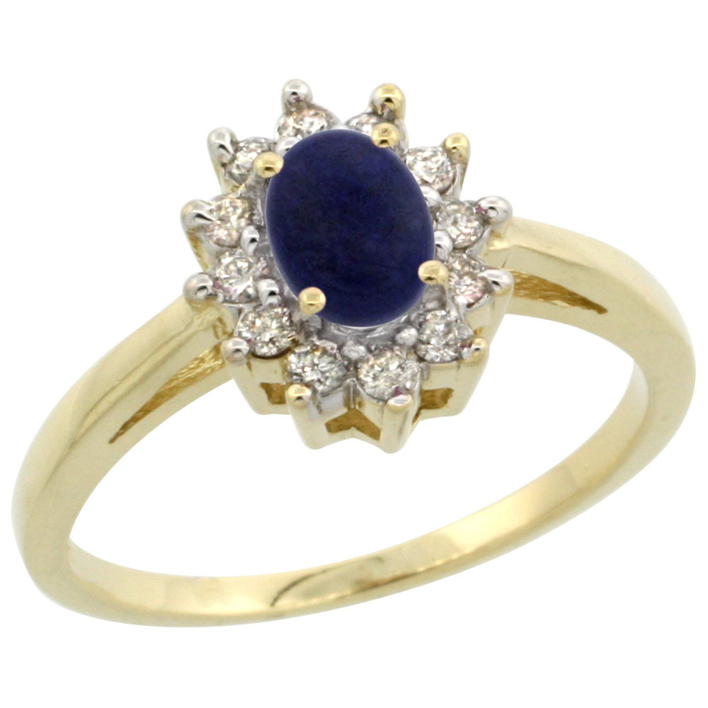 14K Yellow Gold Natural Lapis Flower Diamond Halo Ring Oval 6x4 mm, sizes 5 10