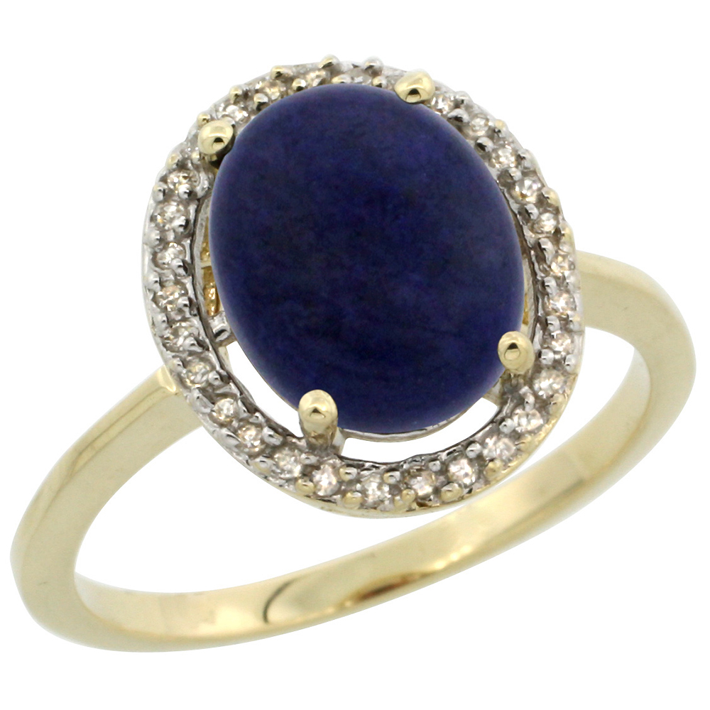 10K Yellow Gold Diamond Halo Natural Lapis Engagement Ring Oval 10x8 mm, sizes 5 10
