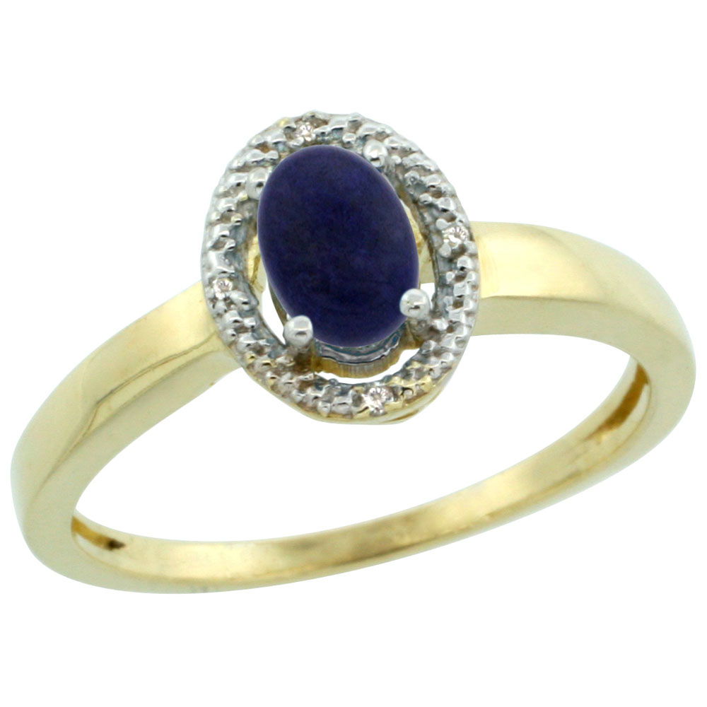 14K Yellow Gold Diamond Halo Natural Lapis Engagement Ring Oval 6X4 mm, sizes 5-10