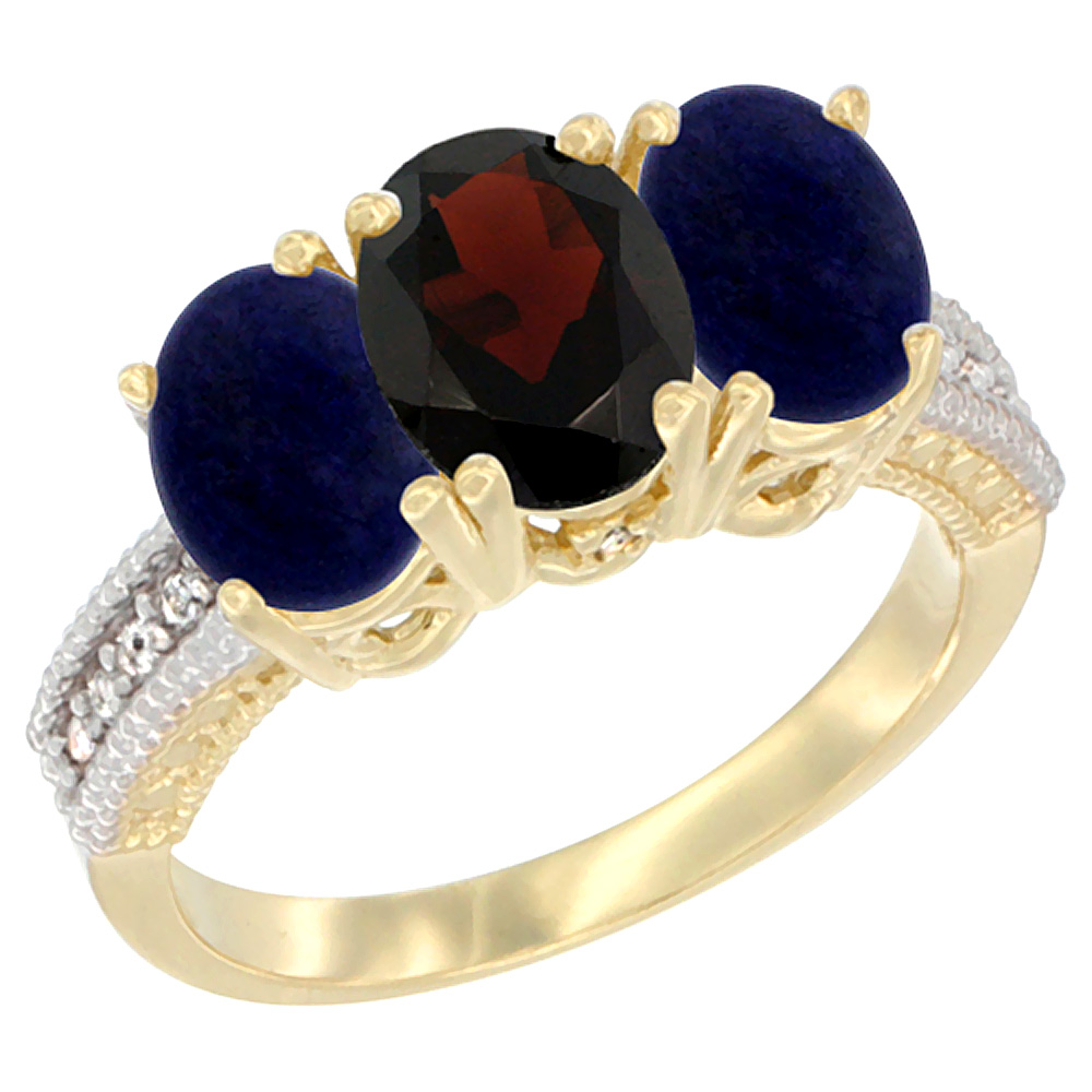 10K Yellow Gold Diamond Natural Garnet & Lapis Ring 3-Stone 7x5 mm Oval, sizes 5 - 10