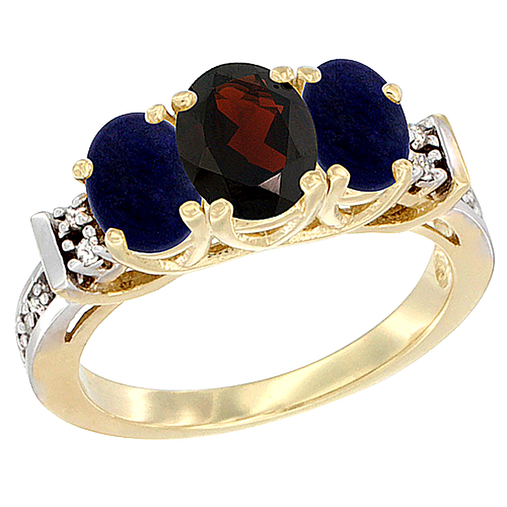 14K Yellow Gold Natural Garnet & Lapis Ring 3-Stone Oval Diamond Accent