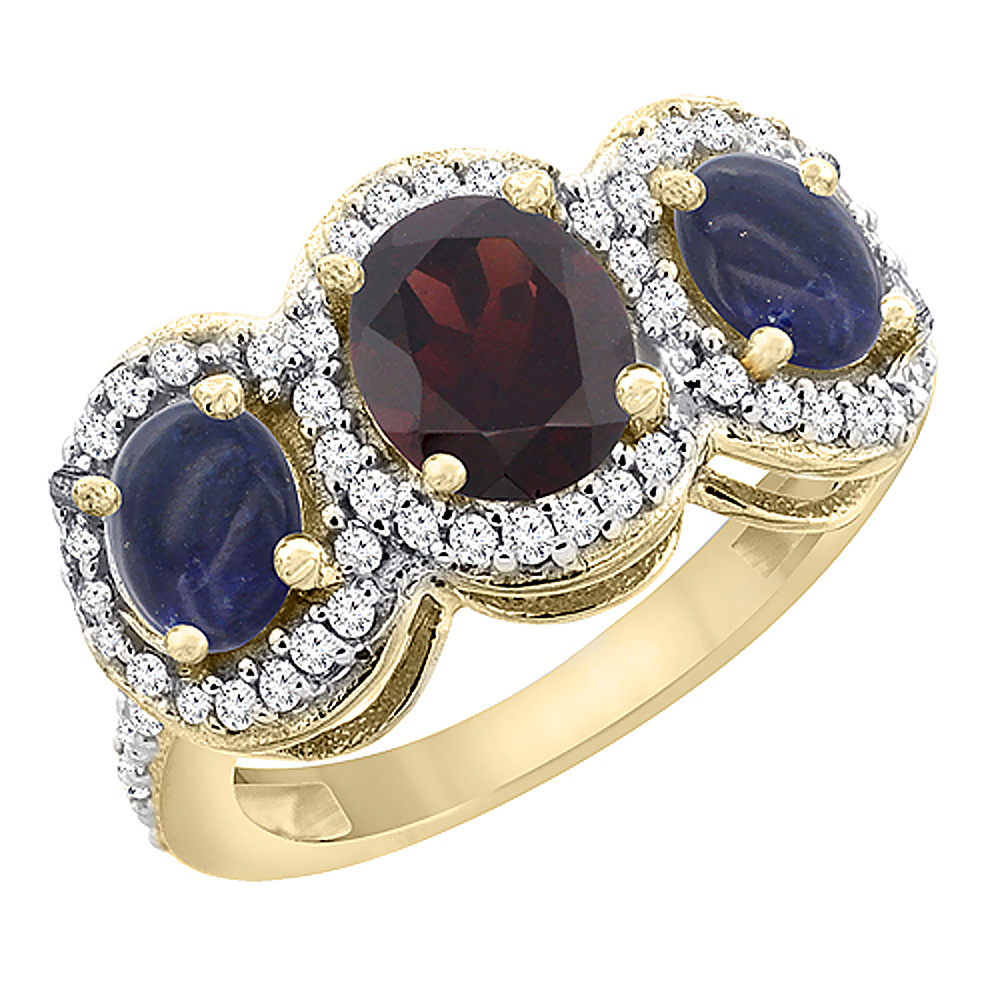 10K Yellow Gold Natural Garnet & Lapis 3-Stone Ring Oval Diamond Accent, sizes 5 - 10