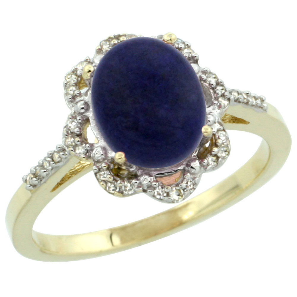 14K Yellow Gold Diamond Halo Natural Lapis Engagement Ring Oval 9x7mm, sizes 5-10