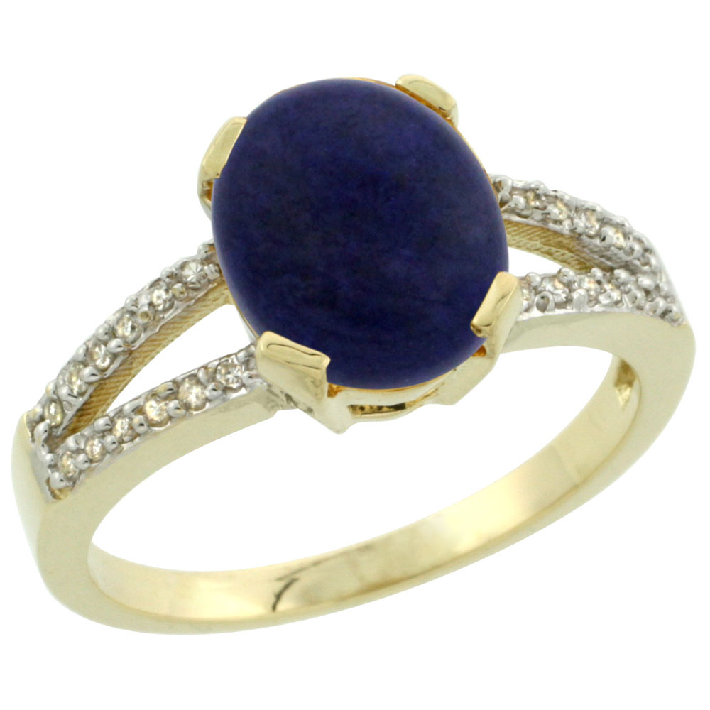 10K Yellow Gold Diamond Natural Lapis Engagement Ring Oval 10x8mm, sizes 5-10