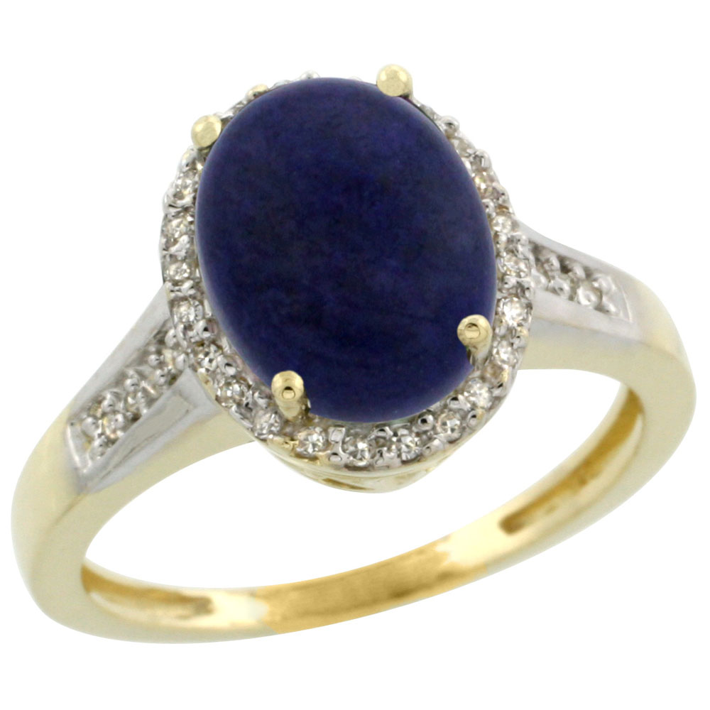 10K Yellow Gold Diamond Natural Lapis Engagement Ring Oval 10x8mm, sizes 5-10