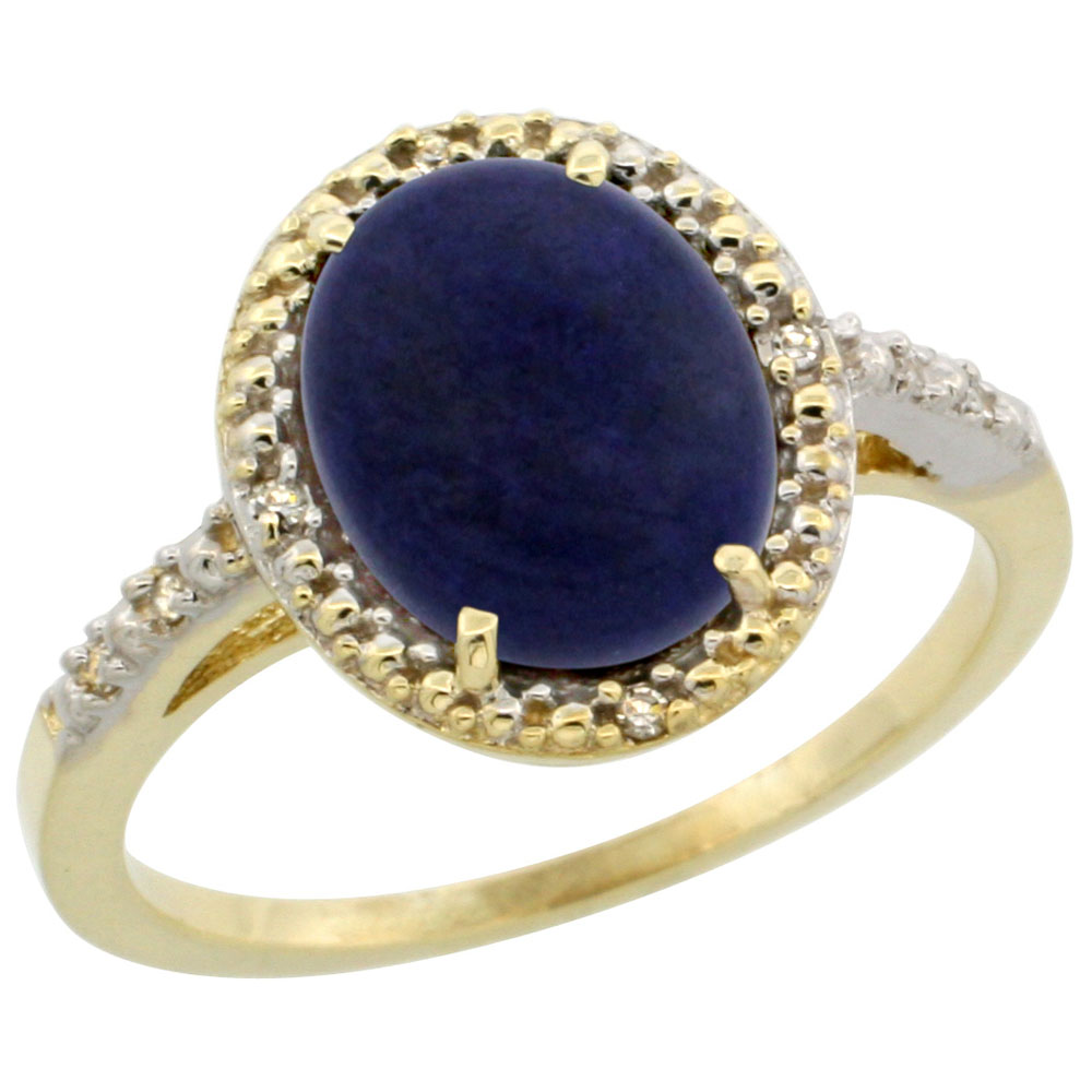 14K Yellow Gold Diamond Natural Lapis Engagement Ring Oval 10x8mm, sizes 5-10