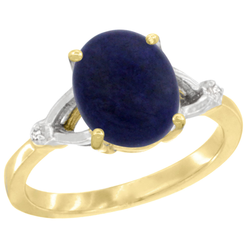 10K Yellow Gold Diamond Natural Lapis Engagement Ring Oval 10x8mm, sizes 5-10