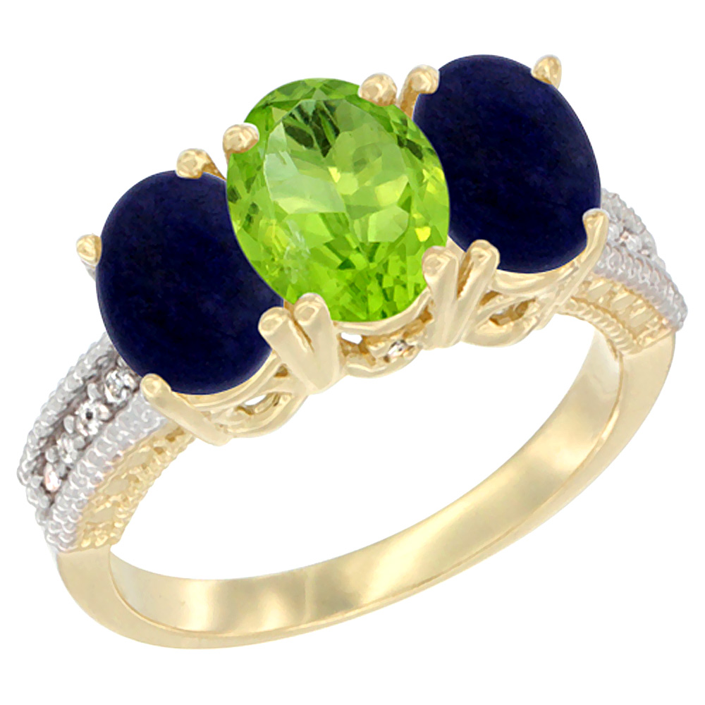 10K Yellow Gold Diamond Natural Peridot &amp; Lapis Ring 3-Stone 7x5 mm Oval, sizes 5 - 10