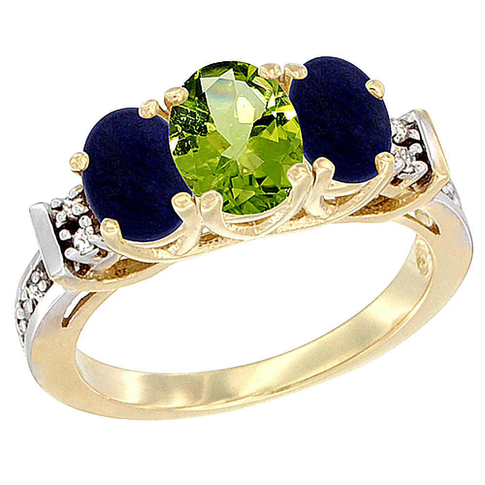 10K Yellow Gold Natural Peridot & Lapis Ring 3-Stone Oval Diamond Accent