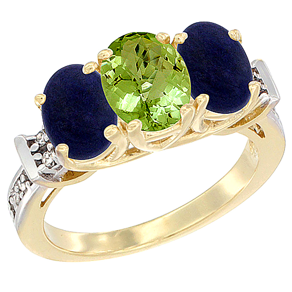 14K Yellow Gold Natural Peridot & Lapis Sides Ring 3-Stone Oval Diamond Accent, sizes 5 - 10