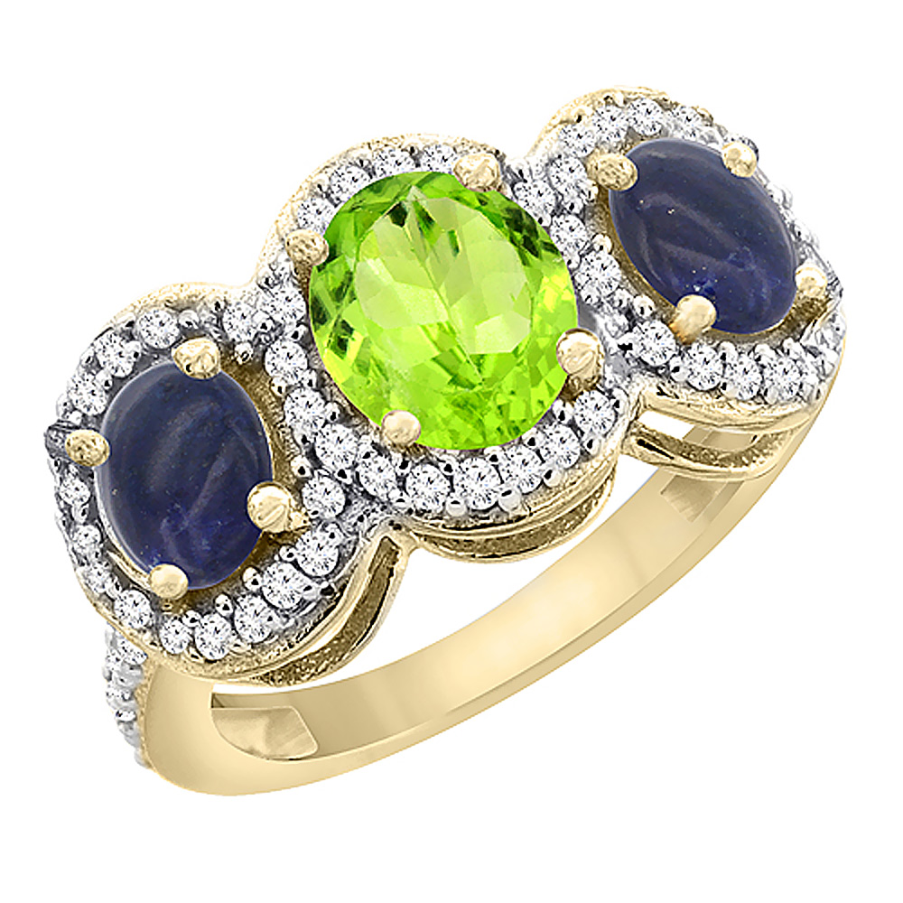 14K Yellow Gold Natural Peridot & Lapis 3-Stone Ring Oval Diamond Accent, sizes 5 - 10