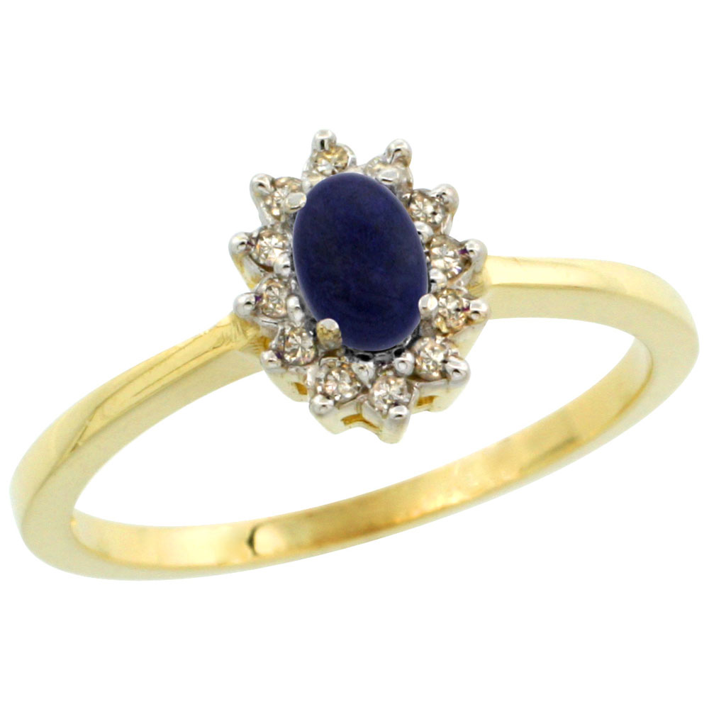 14K Yellow Gold Natural Lapis Ring Oval 5x3mm Diamond Halo, sizes 5-10